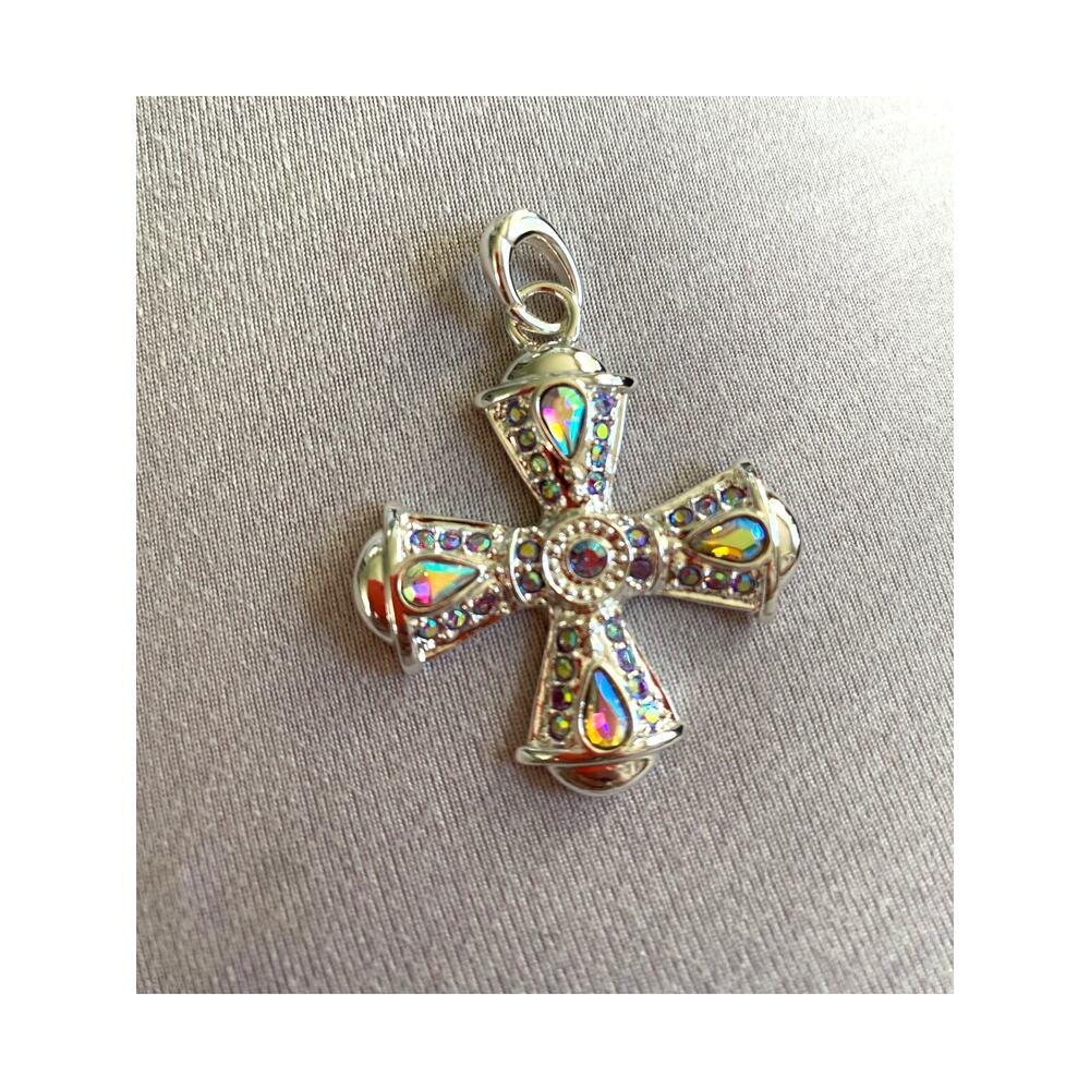 Kirks Folly Fantasia Cross Open Ring Charm, aurora borealis , Silver, NWB